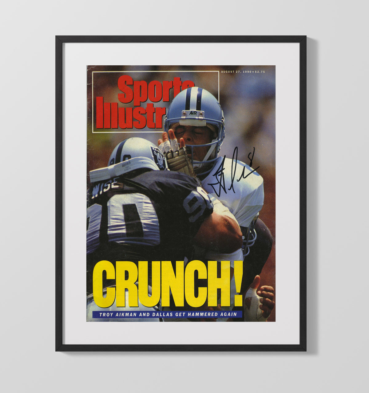 Troy Aikman - Dallas football Hit By Los Angeles football Defender SI Cover 1990 football wall art 16x20 Gallery Frame