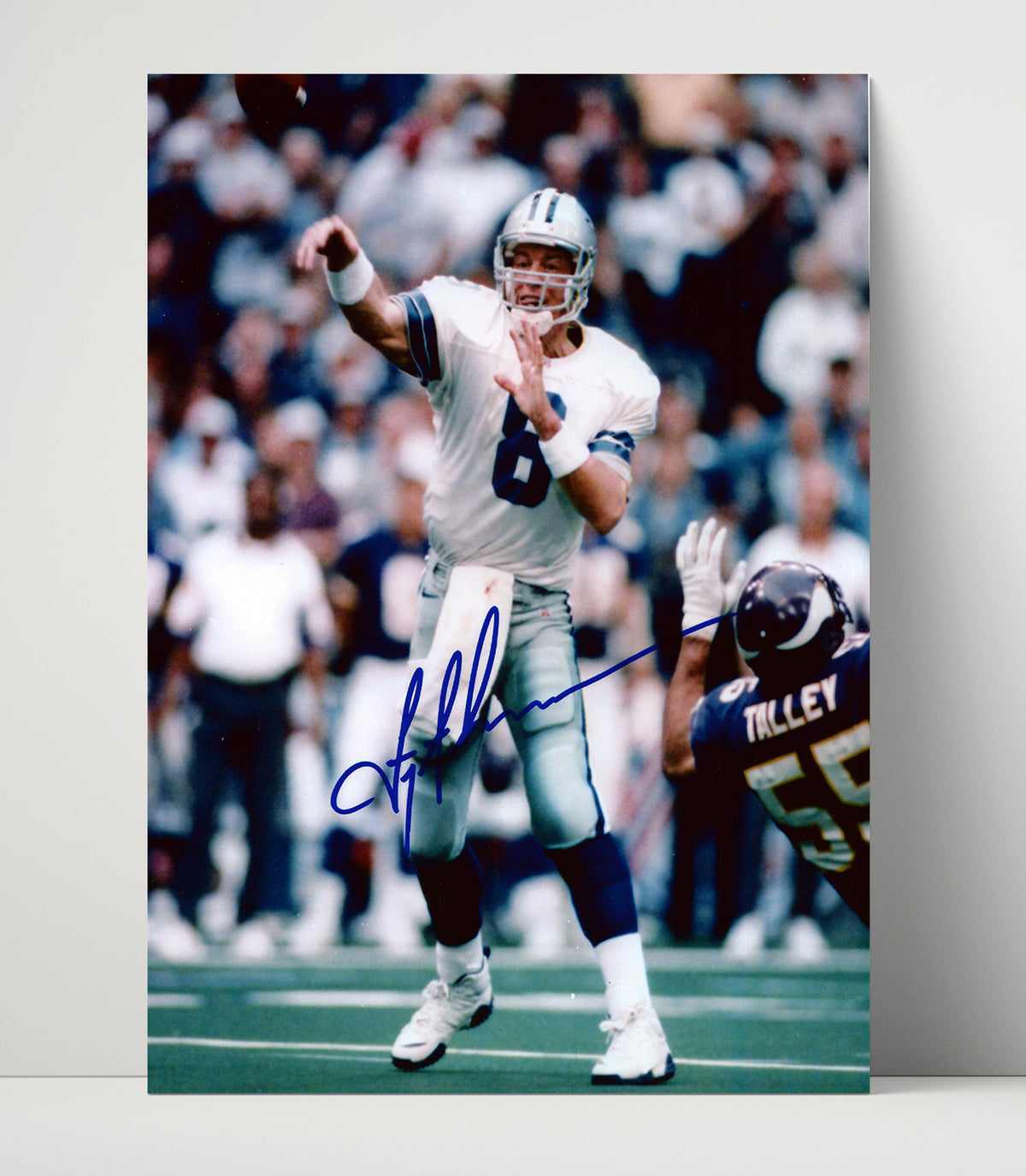 Troy Aikman - Dallas football Quarterback Pass Follow Through Versus Buffalo football Defender football wall art 16x20 Unframed Print