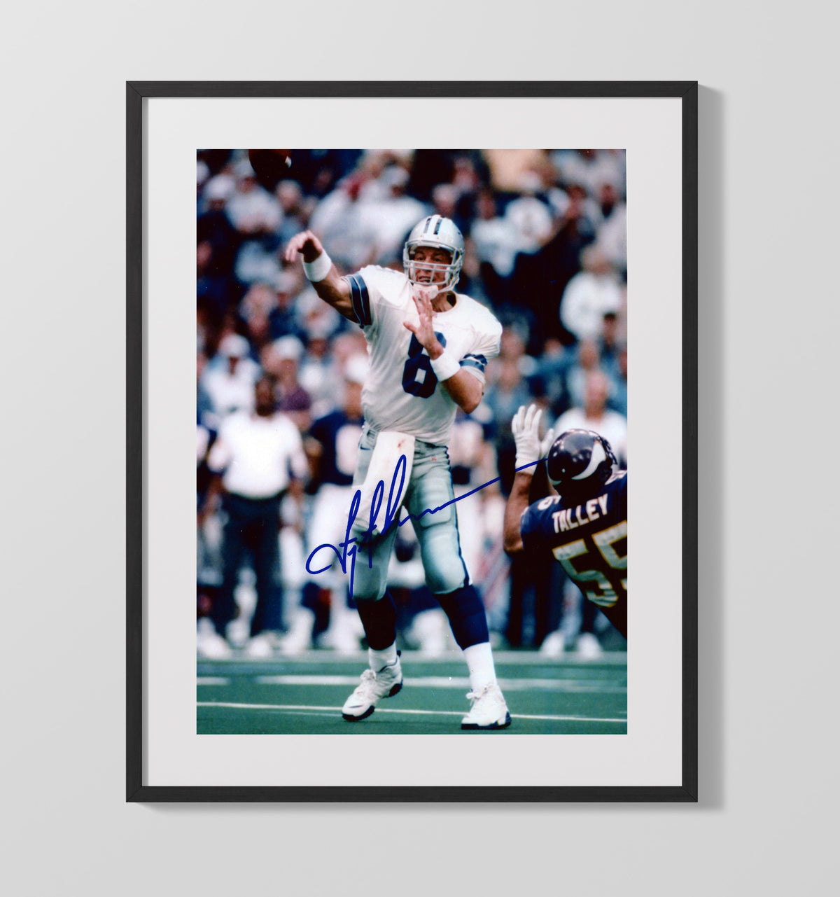 Troy Aikman - Dallas football Quarterback Pass Follow Through Versus Buffalo football Defender football wall art 16x20 Gallery Frame
