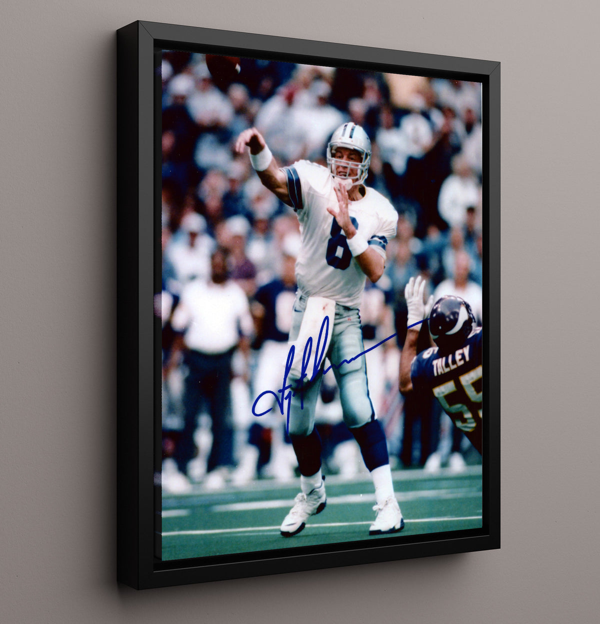 Troy Aikman - Dallas football Quarterback Pass Follow Through Versus Buffalo football Defender football wall art 16x20 Framed Canvas