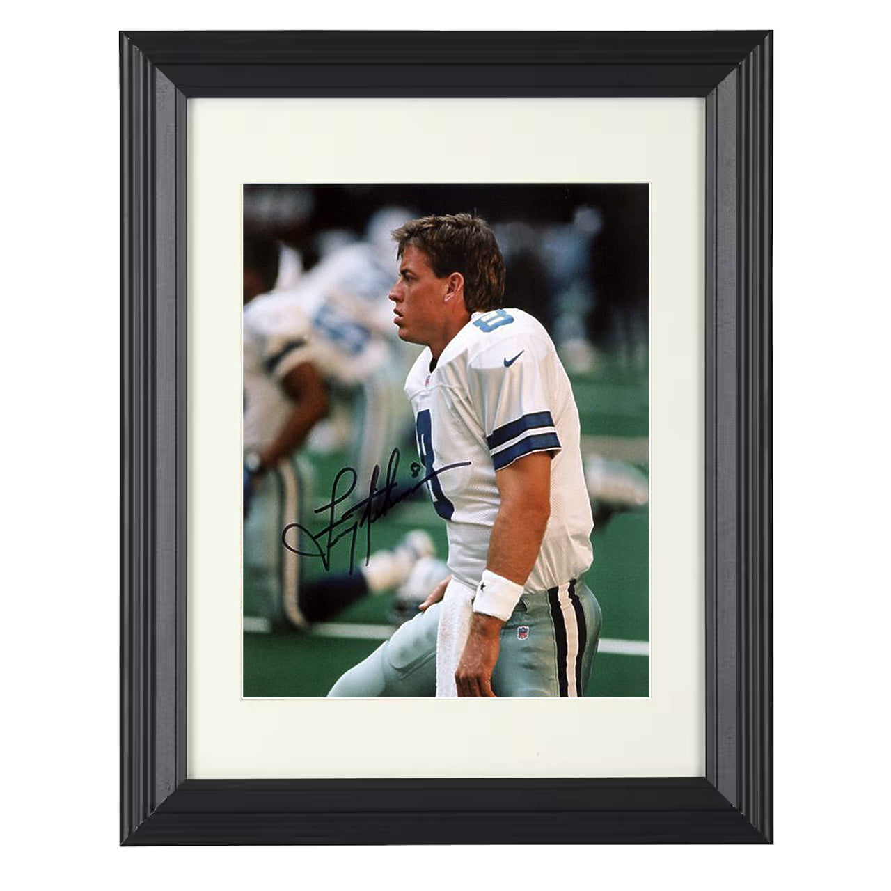 Troy Aikman – Dallas QB Sideline Profile in White Jersey – 8x10 black beveled framed football wall art
