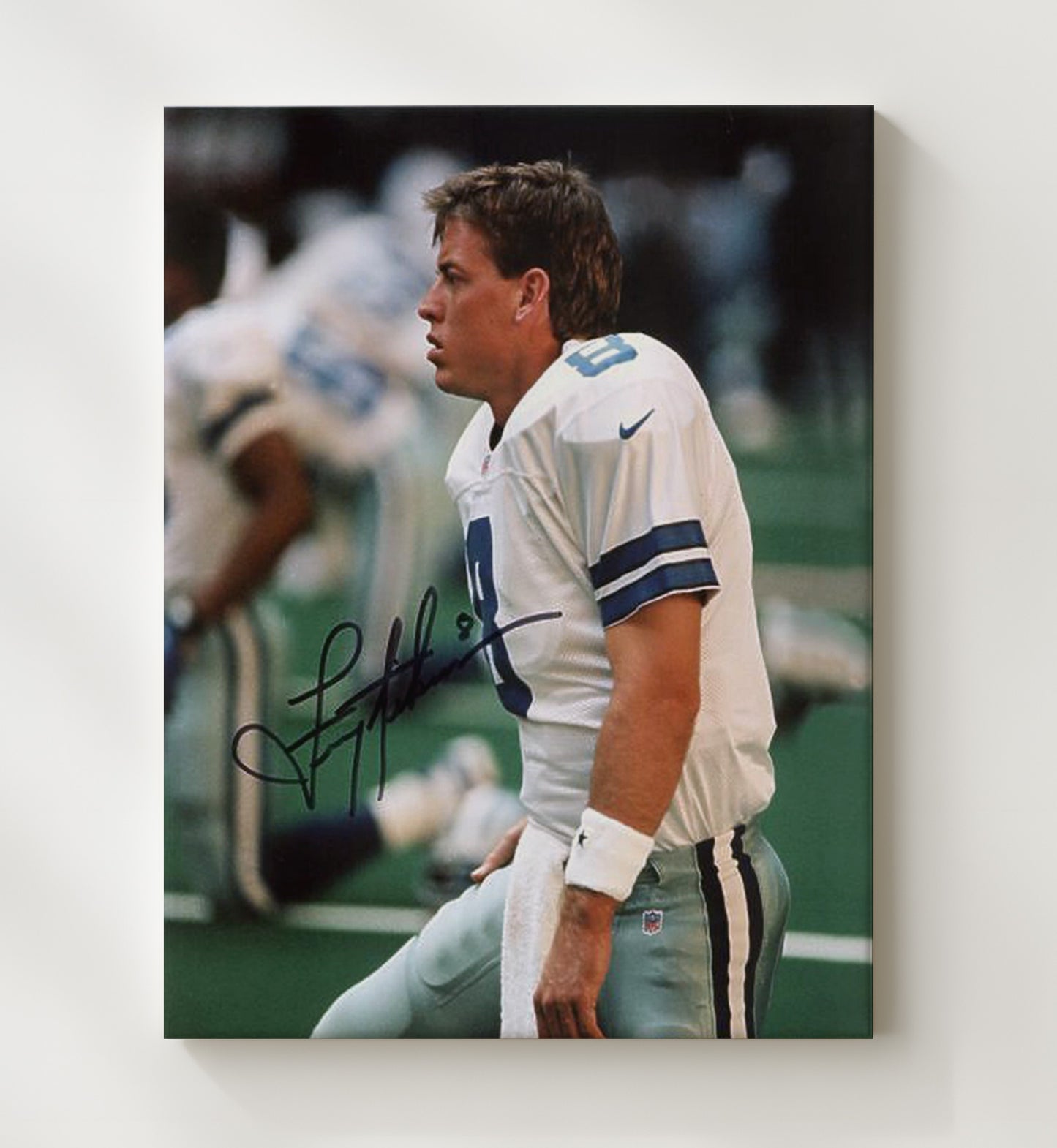 Troy Aikman - Dallas football Quarterback Sideline Profile In White Jersey football wall art 20x24 Canvas