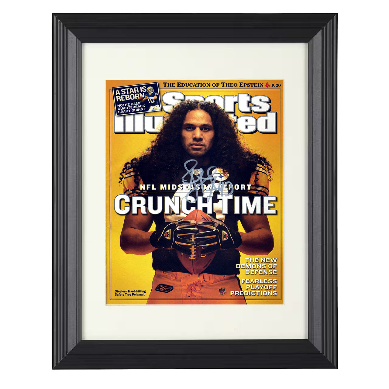 Troy Polamalu – Crunch Time Hair and Hits Image – 8x10 black beveled framed football wall art