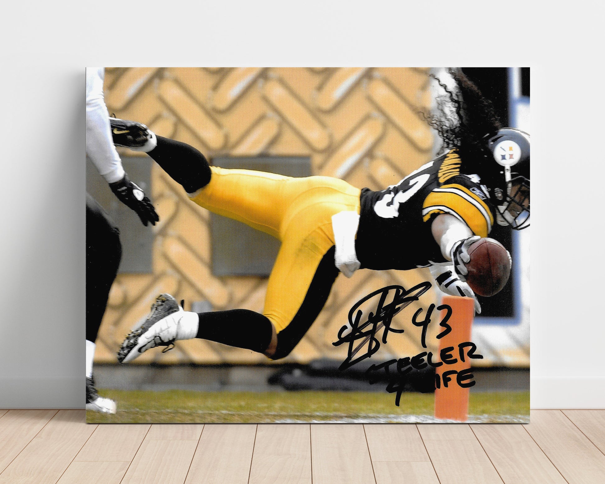 Troy Polamalu - Flying Steel football wall art 16x20 Unframed Print