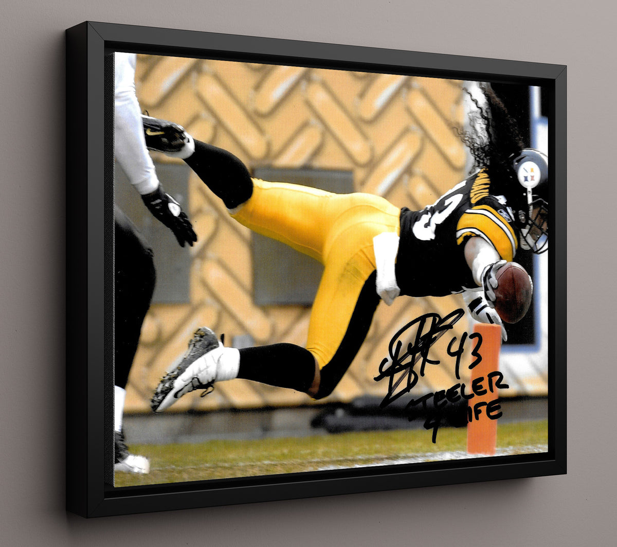 Troy Polamalu - Flying Steel football wall art 16x20 Framed Canvas