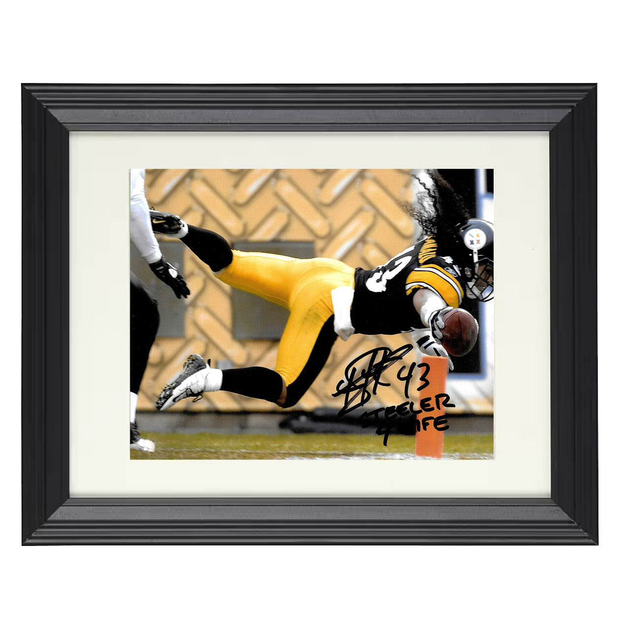 Troy Polamalu – Flying Steel – 8x10 black beveled framed football wall art