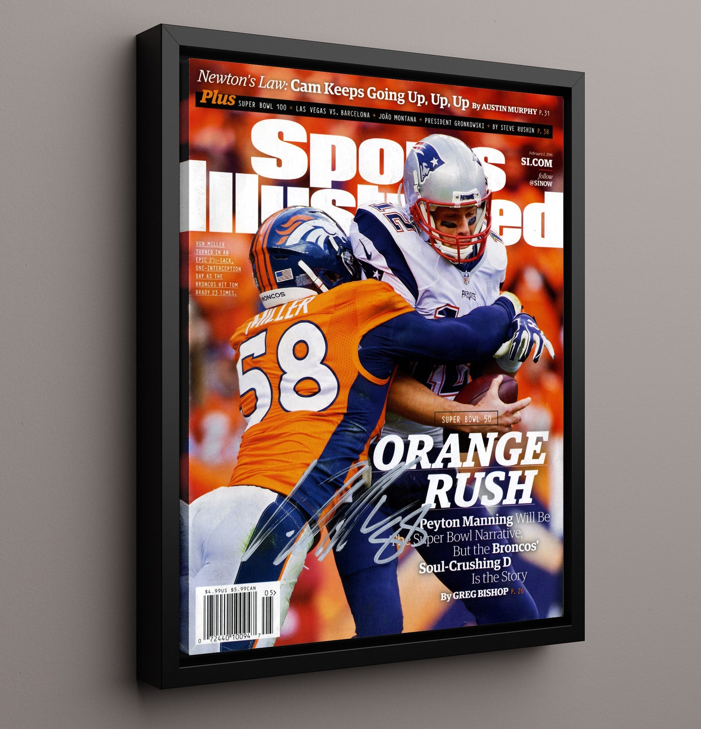 Von Miller Super Bowl 50 - Orange Rush football wall art 16x20 Framed Canvas