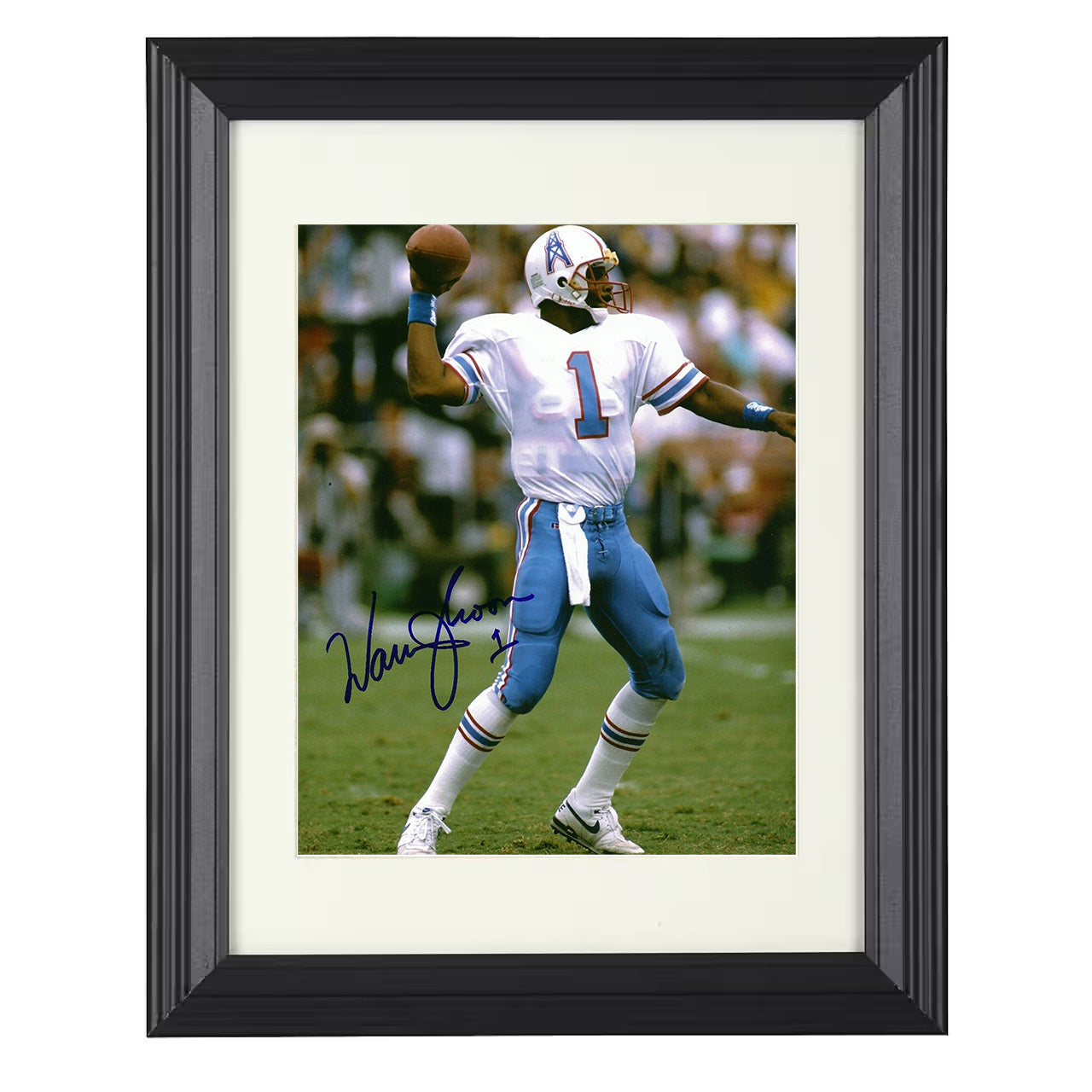 Warren Moon – Moon Shot Pass Image – 8x10 black beveled framed football wall art