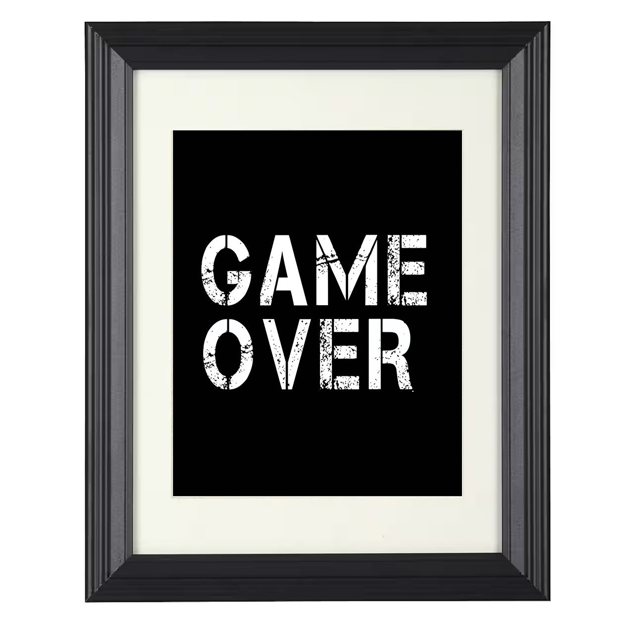 Game Over – Distressed Bold Typography 8x10 matted black framed game room wall art