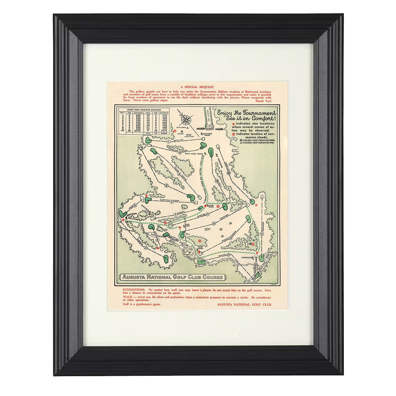 Augusta Course Map – Augusta Tournament Layout 8x10 matted black framed golf wall art