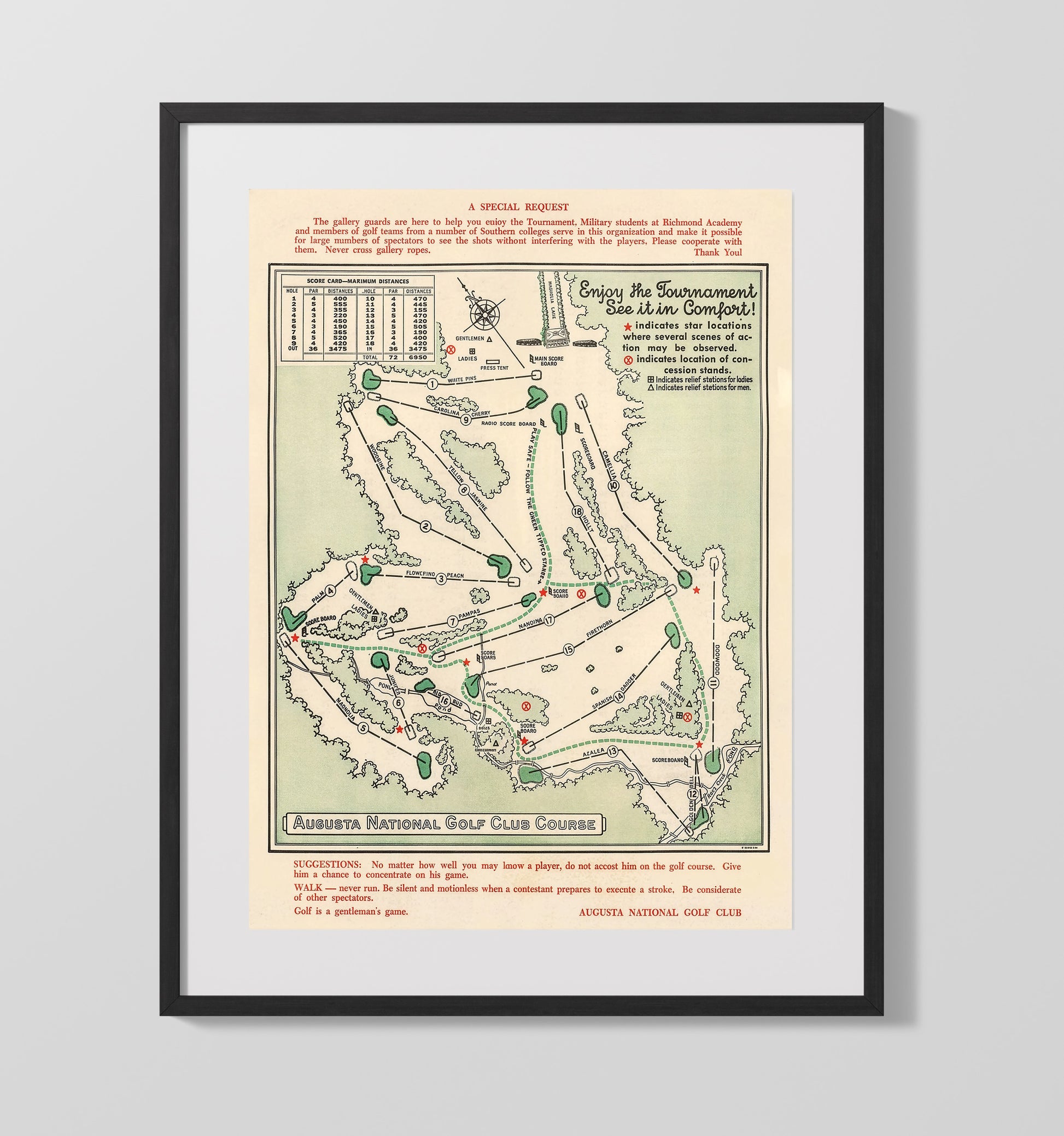 Augusta Course Map - Augusta Tournament Layout golf wall art 16x20 Gallery Frame