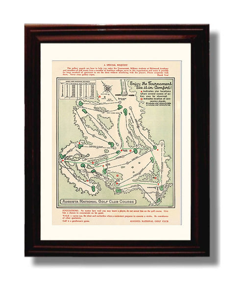 Augusta Course Map - Augusta Tournament Layout golf wall art 8x10 Beveled Frame