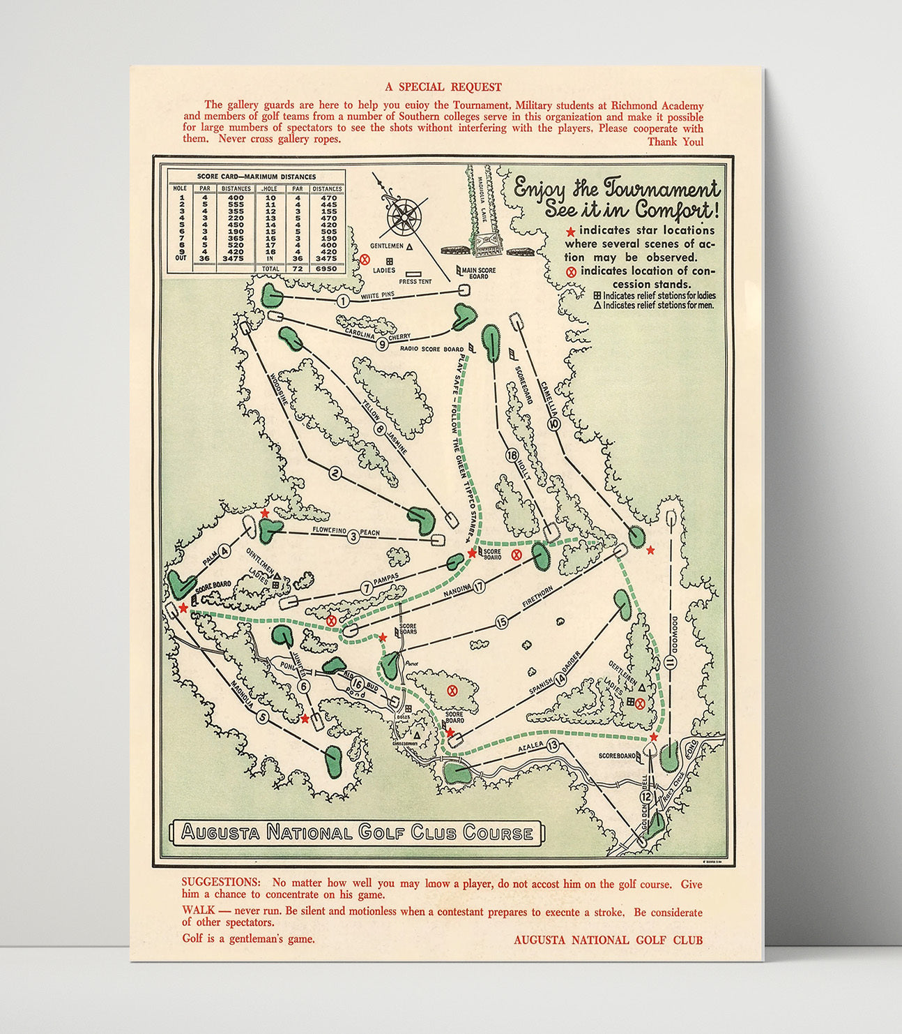 Augusta Course Map - Augusta Tournament Layout Golf Wall Art