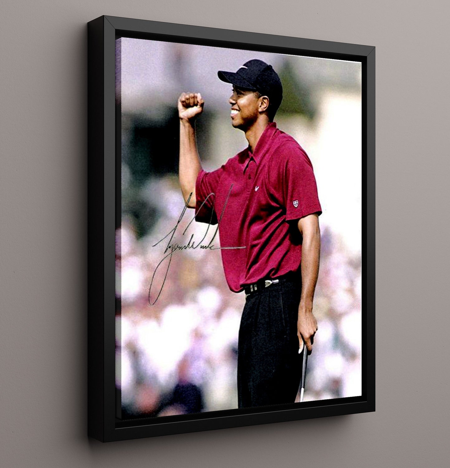 Tiger Woods - Fist Pump Championship Moment golf wall art 16x20 Framed Canvas