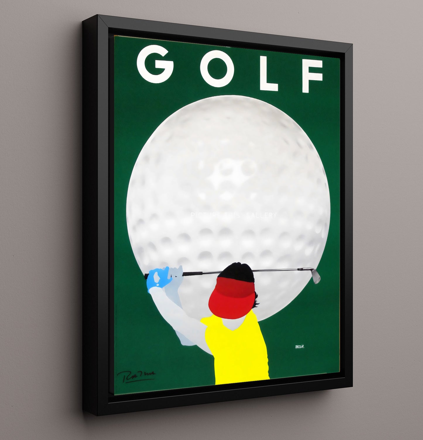 Golf Poster - Giant Golf Ball Swing - Retro Power Drive golf wall art 16x20 Framed Canvas