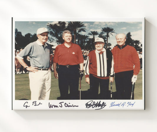 Bob Hope with George H. W. Bush, Bill Clinton and Gerald Ford - Presidents Golf Gathering 8x10 Canvas history wall art
