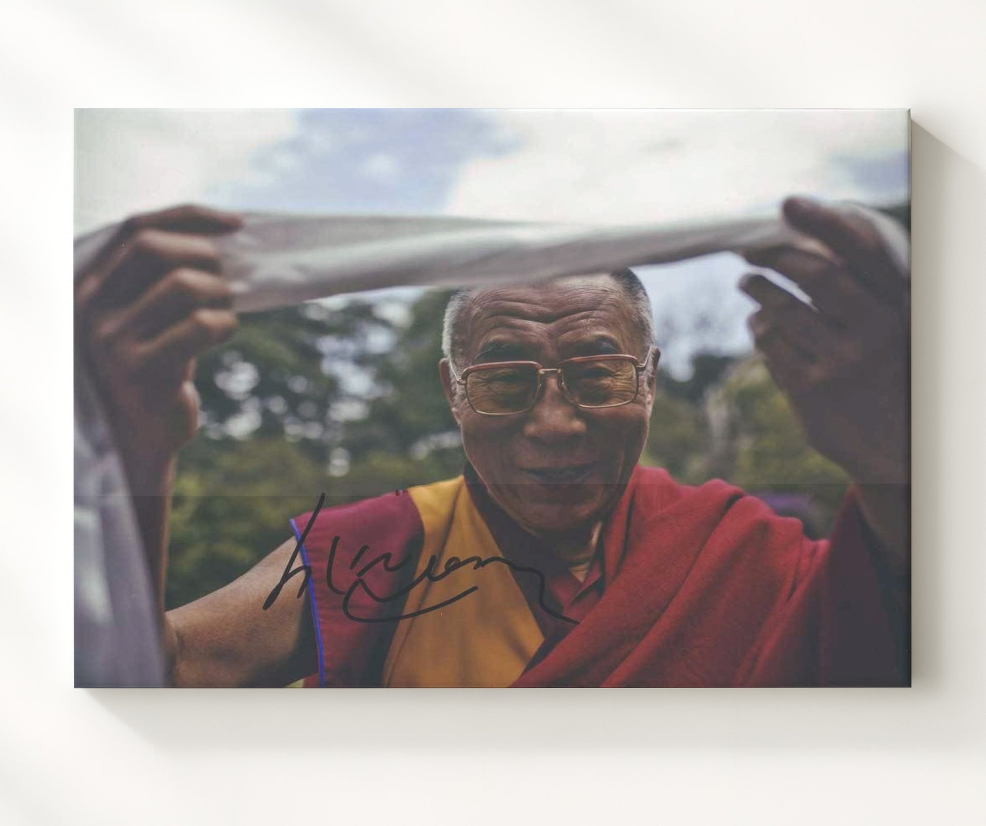 Historical - Dalai Lama - Portrait Holding Prayer Scarf - Landscape History Wall Art
