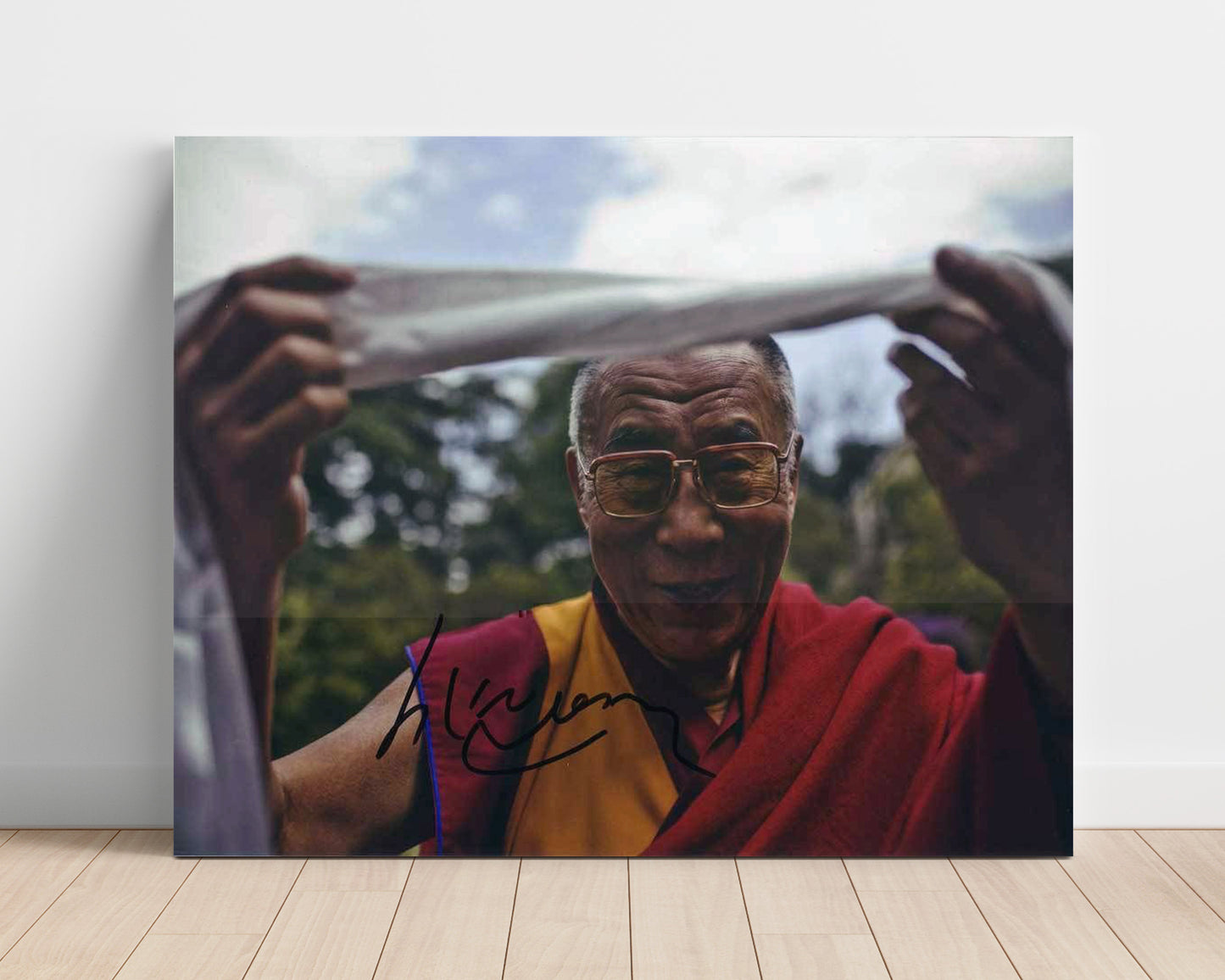 Historical - Dalai Lama - Portrait Holding Prayer Scarf - Landscape History Wall Art