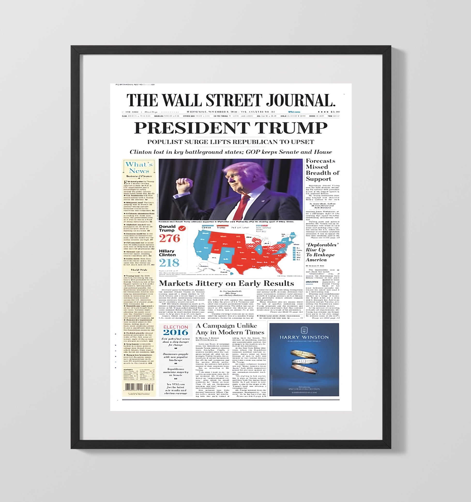 Historical - Election Newspaper Front Page - Donald Trump Victory Wall Street Journal 2016 History Wall Art