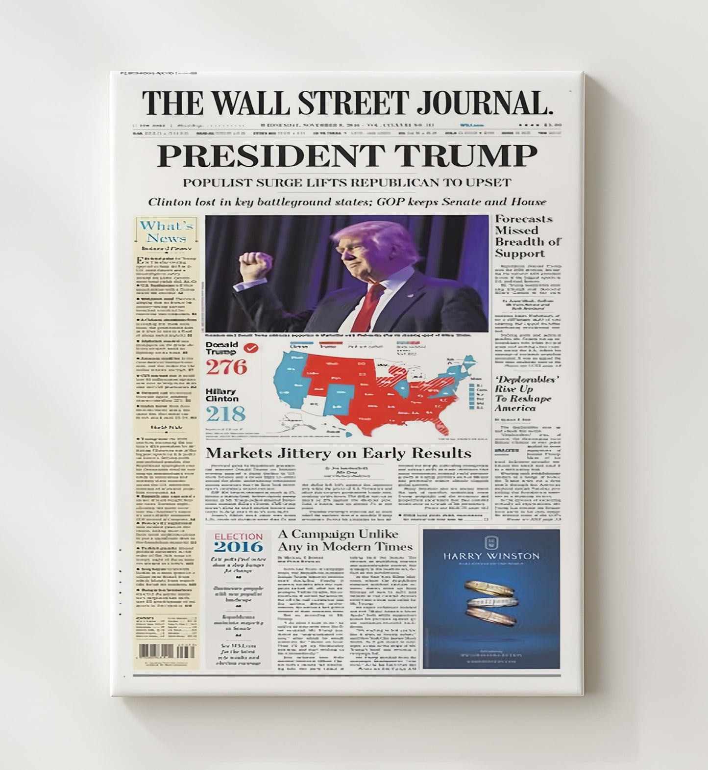 Historical - Election Newspaper Front Page - Donald Trump Victory Wall Street Journal 2016 History Wall Art