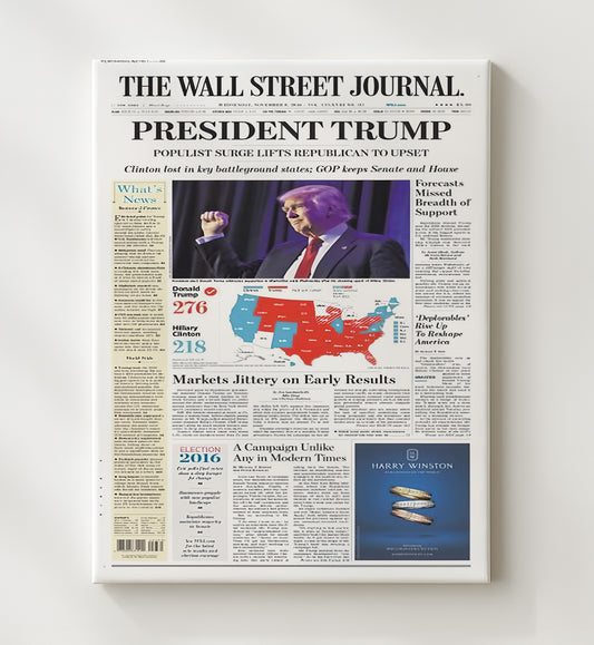 Election Newspaper Front Page - Donald Trump Victory Wall Street Journal 2016 8x10 Canvas history wall art