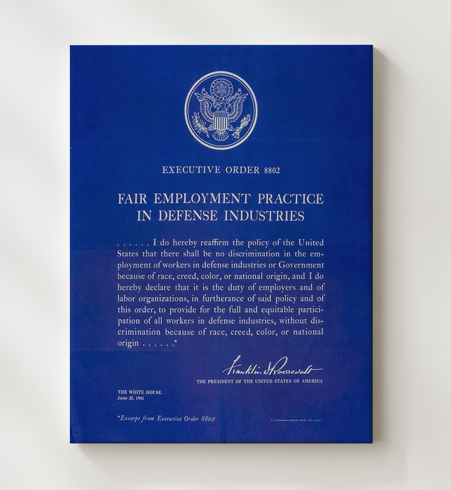 Historical - Franklin D. Roosevelt - Executive Order 8802 Fair Employment 1941 History Wall Art