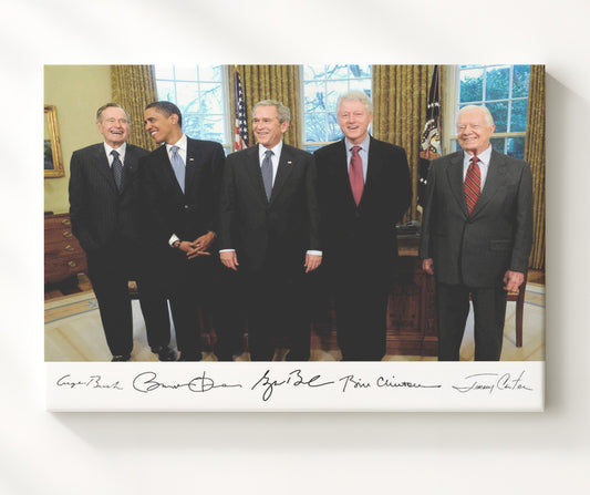 George H. W. Bush, Barack Obama, George W. Bush, Bill Clinton and Jimmy Carter - Presidents United in the Oval Office 2009 8x10 Canvas history wall art