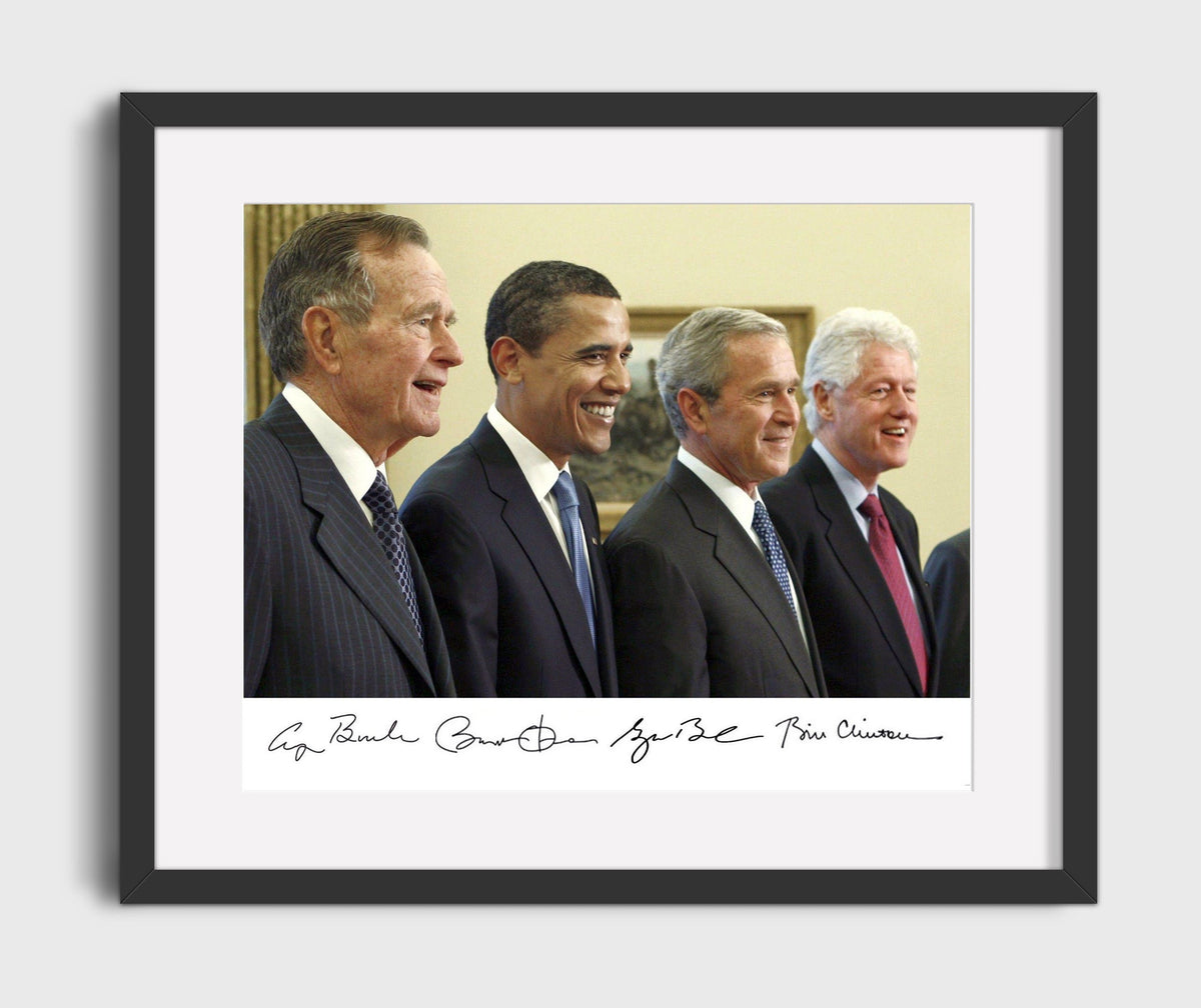 George H. W. Bush, Barack Obama, George W. Bush and Bill Clinton - Presidents Gathering 16x20 Gallery Frame history wall art