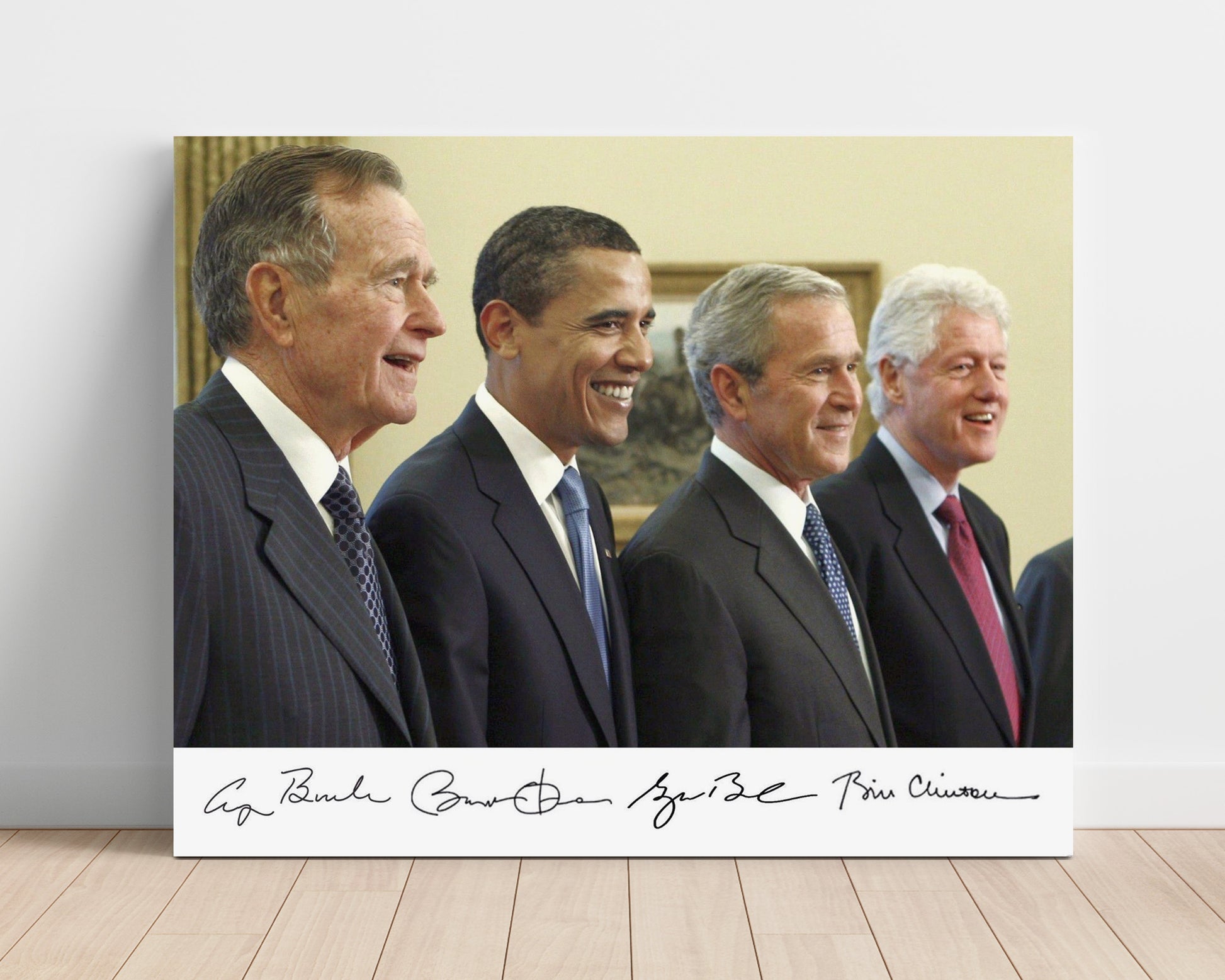 Historical - George H. W. Bushbarack Obamageorge W. Bush And Bill Clinton - Presidents Gathering Portrait - Landscape History Wall Art