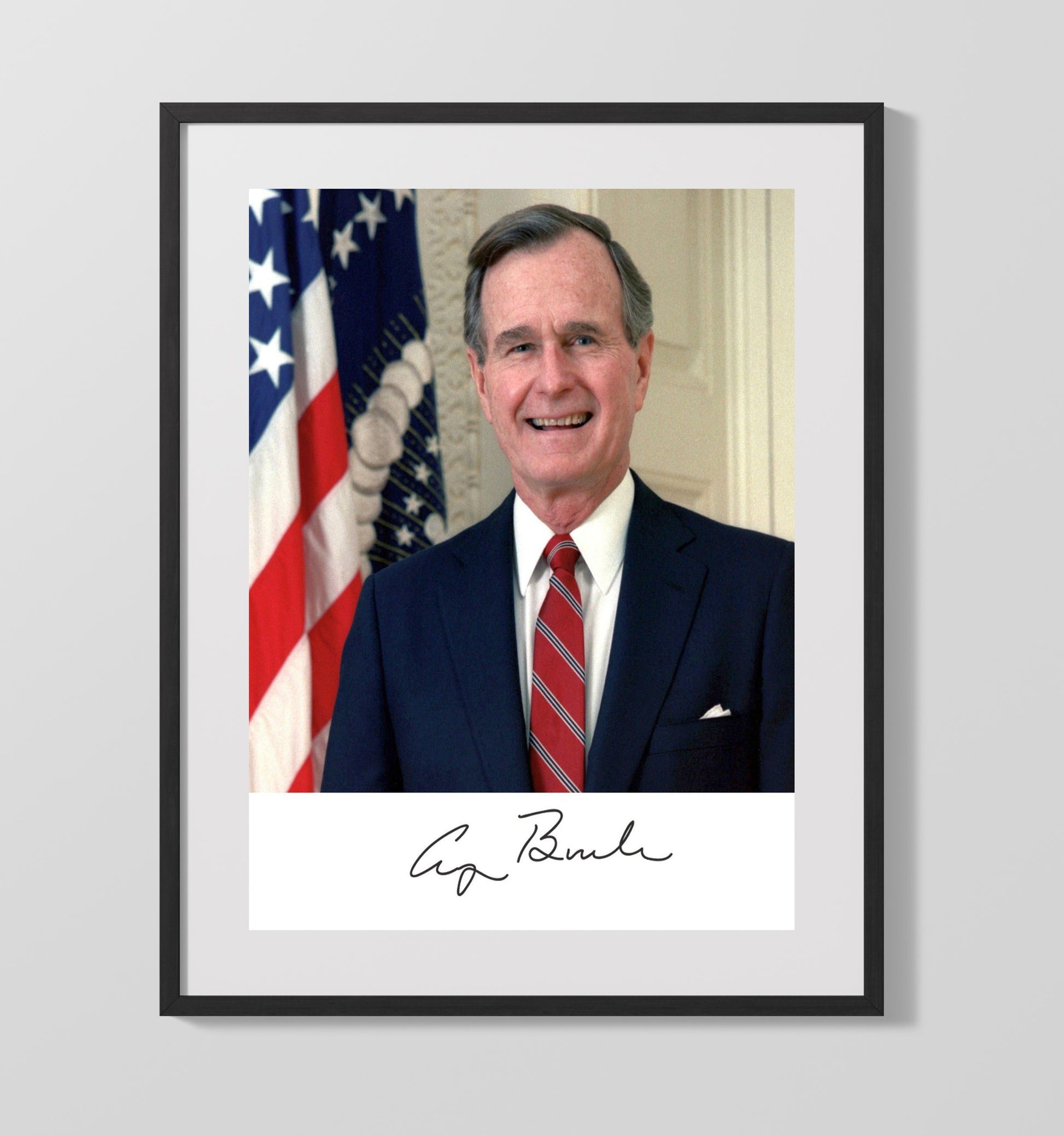 Historical - George H. W. Bush - Official Headshot With Flag 1989 History Wall Art
