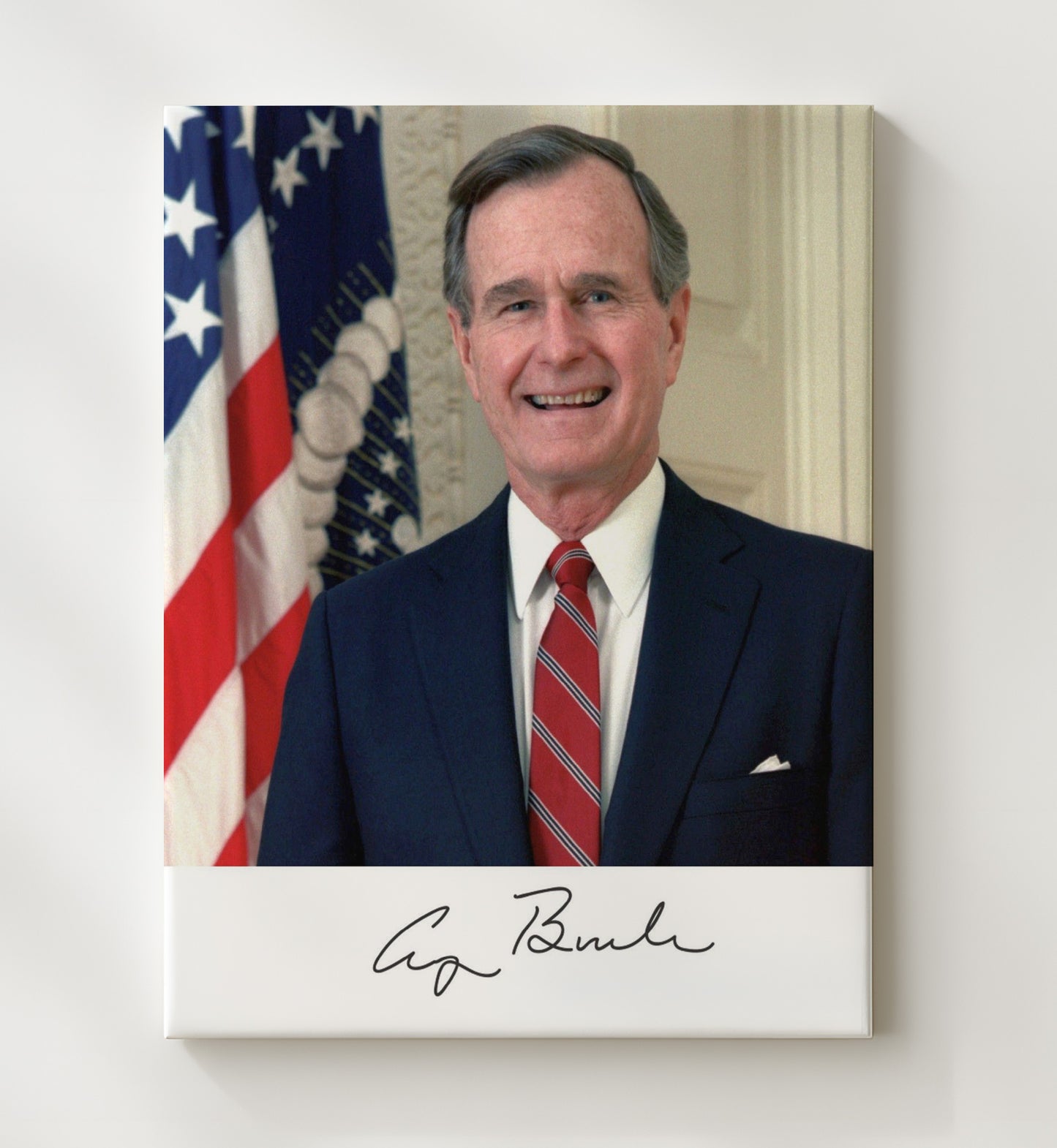 Historical - George H. W. Bush - Official Headshot With Flag 1989 History Wall Art
