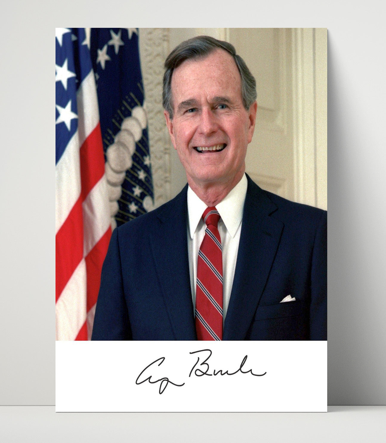 Historical - George H. W. Bush - Official Headshot With Flag 1989 History Wall Art