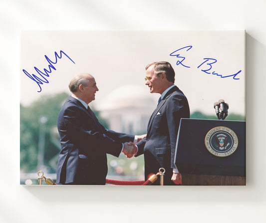 George H. W. Bush and Mikhail Gorbachev - Cold War Summit Handshake 1989 8x10 Canvas history wall art