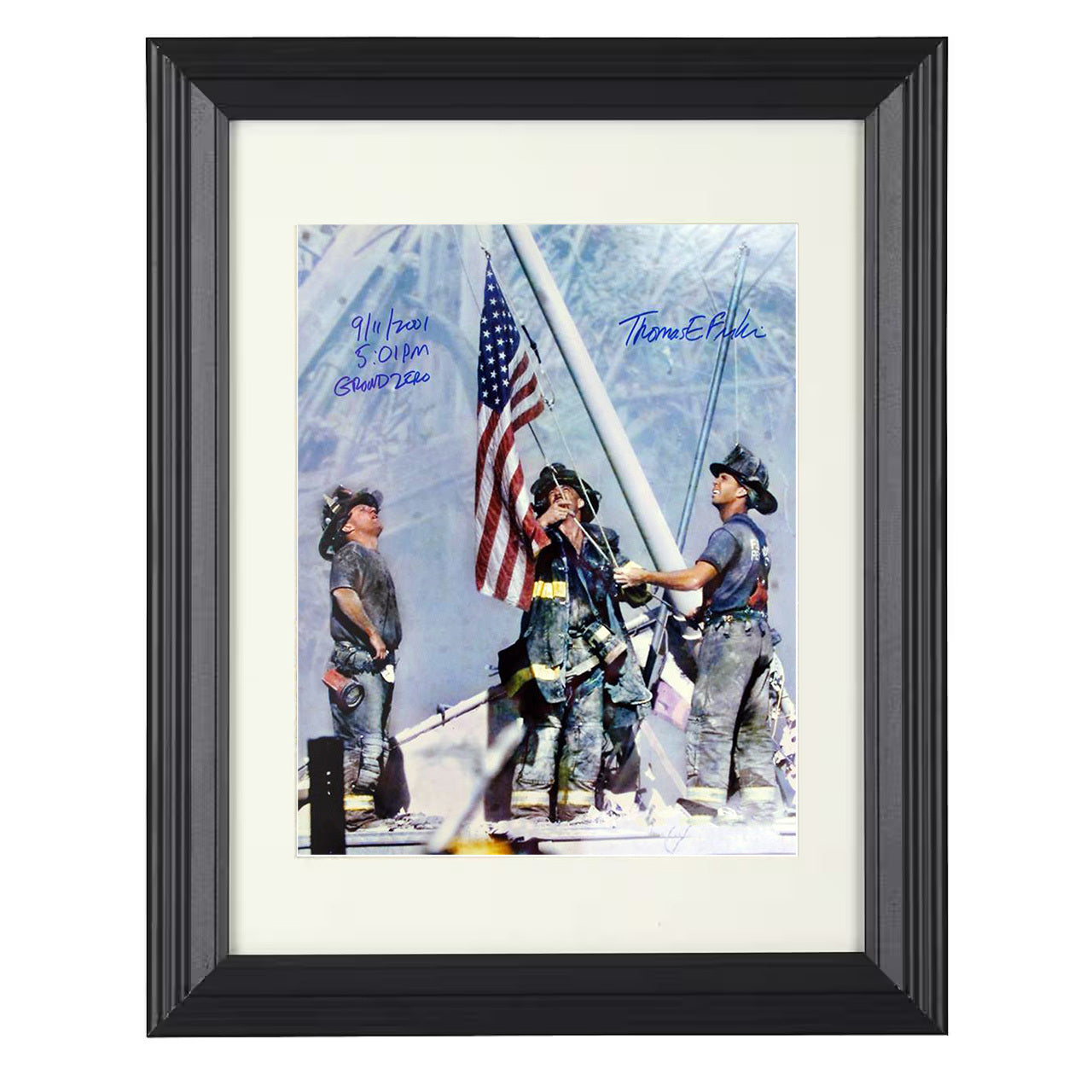 Ground Zero Firefighters – Raising the Flag 09/11/2001 – 8x10 black beveled framed historical wall art