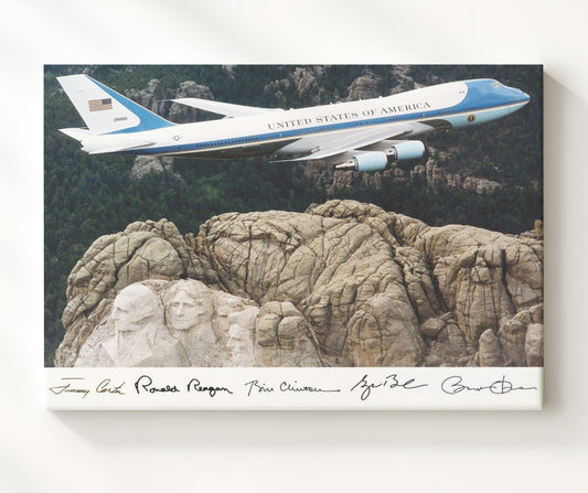 Jimmy Carter, Ronald Reagan, Bill Clinton, George W. Bush and Barack Obama - Air Force One Over Mount Rushmore 8x10 Canvas history wall art