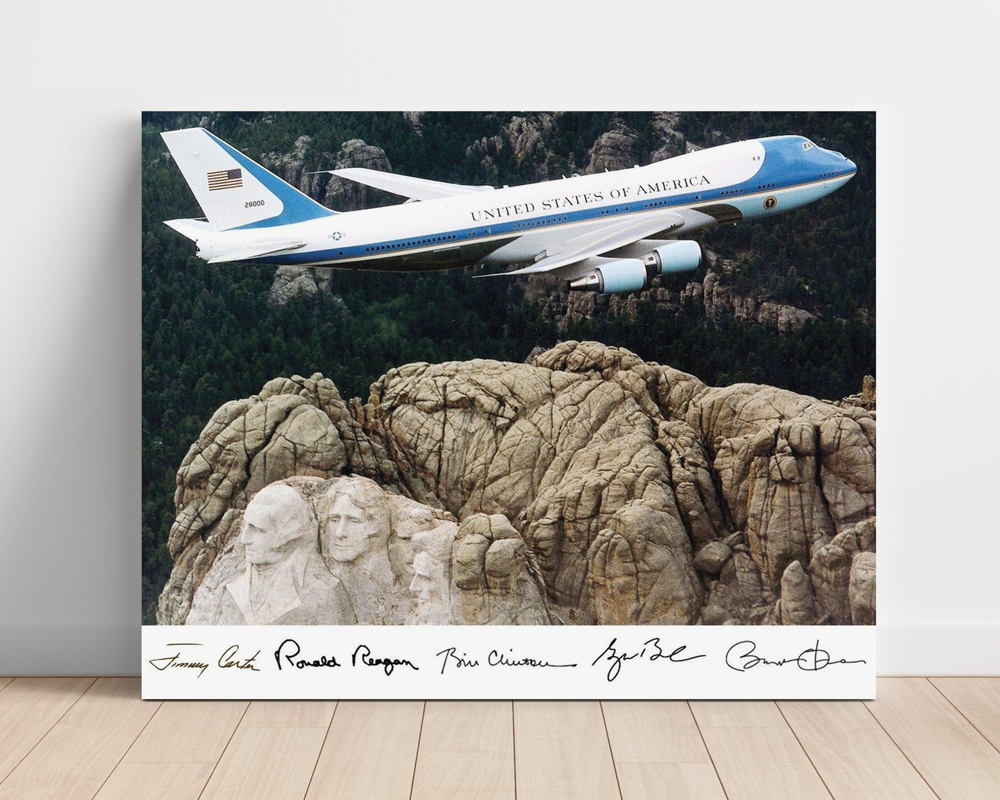 Historical - Jimmy Carterronald Reaganbill Clintongeorge W. Bush And Barack Obama - Air Force One Over Mount Rushmore - Landscape History Wall Art