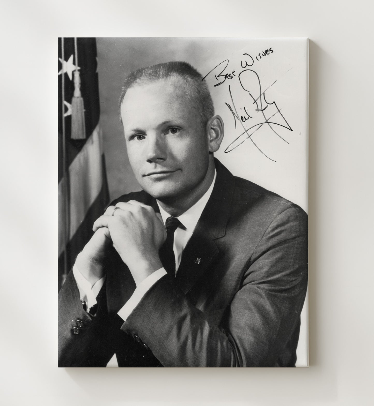 Historical - Neil Armstrong - Best Wishes Inscribed Portrait With Flag History Wall Art