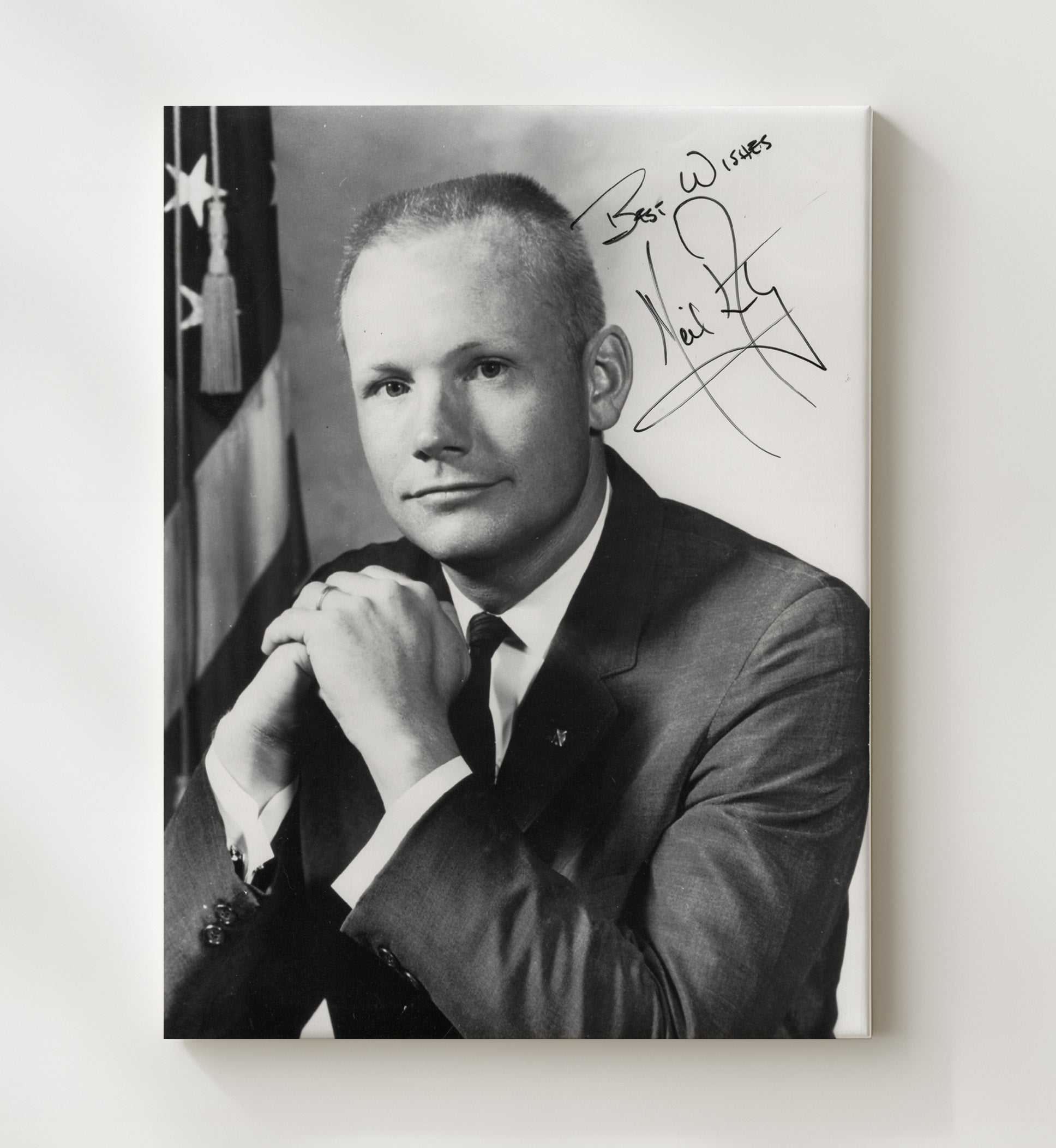 Historical - Neil Armstrong - Best Wishes Inscribed Portrait With Flag History Wall Art