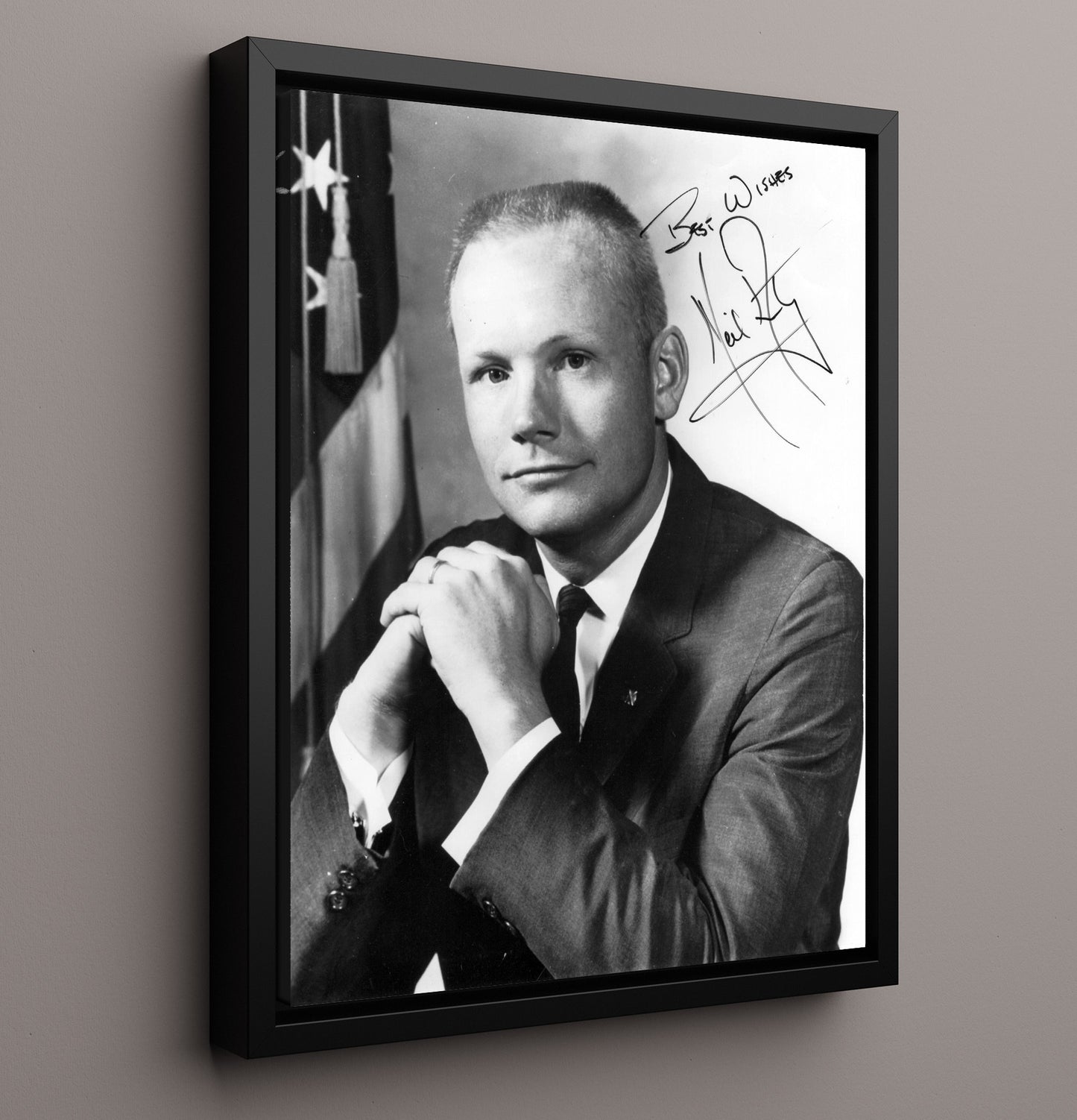 Historical - Neil Armstrong - Best Wishes Inscribed Portrait With Flag History Wall Art