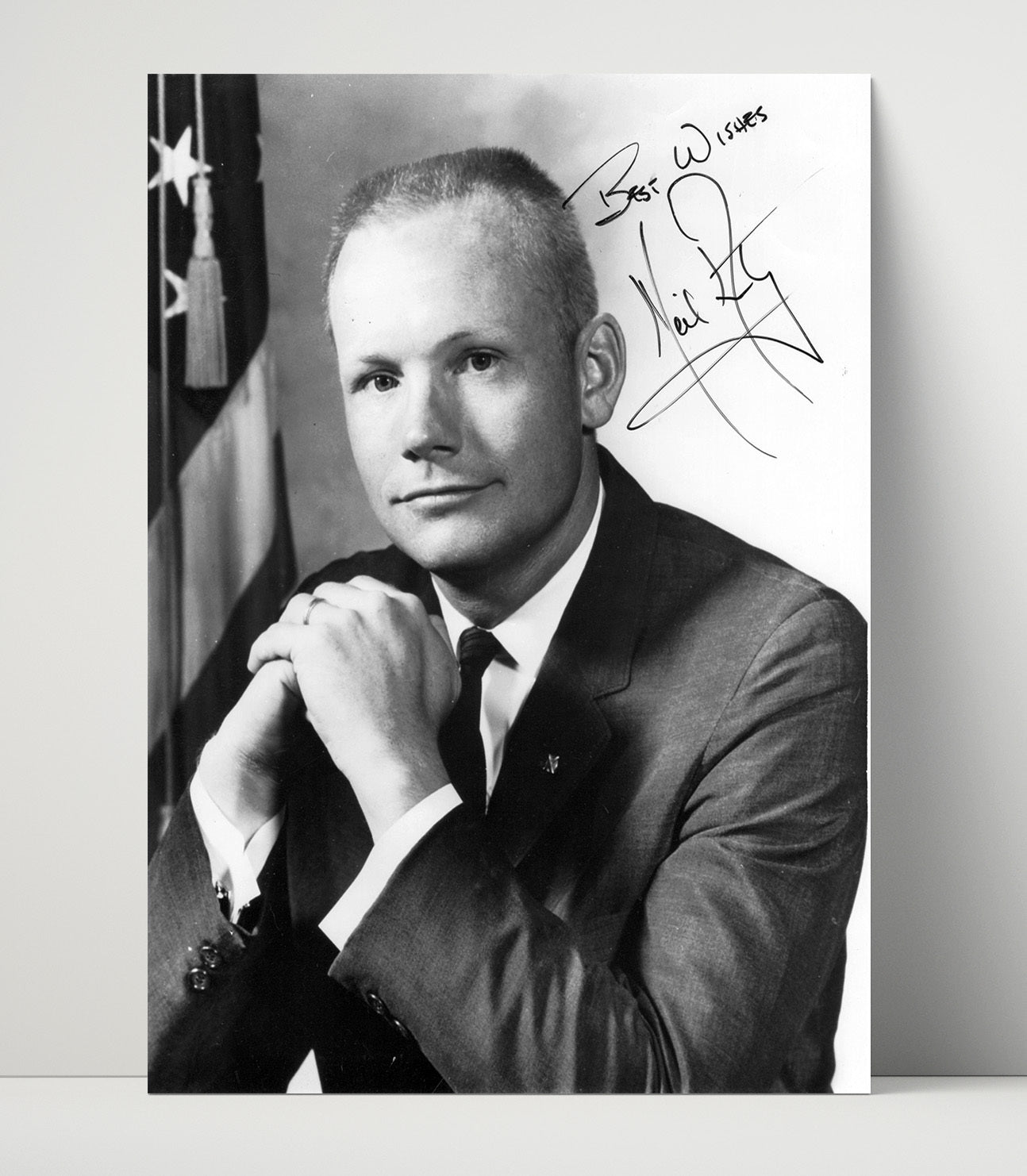 Historical - Neil Armstrong - Best Wishes Inscribed Portrait With Flag History Wall Art