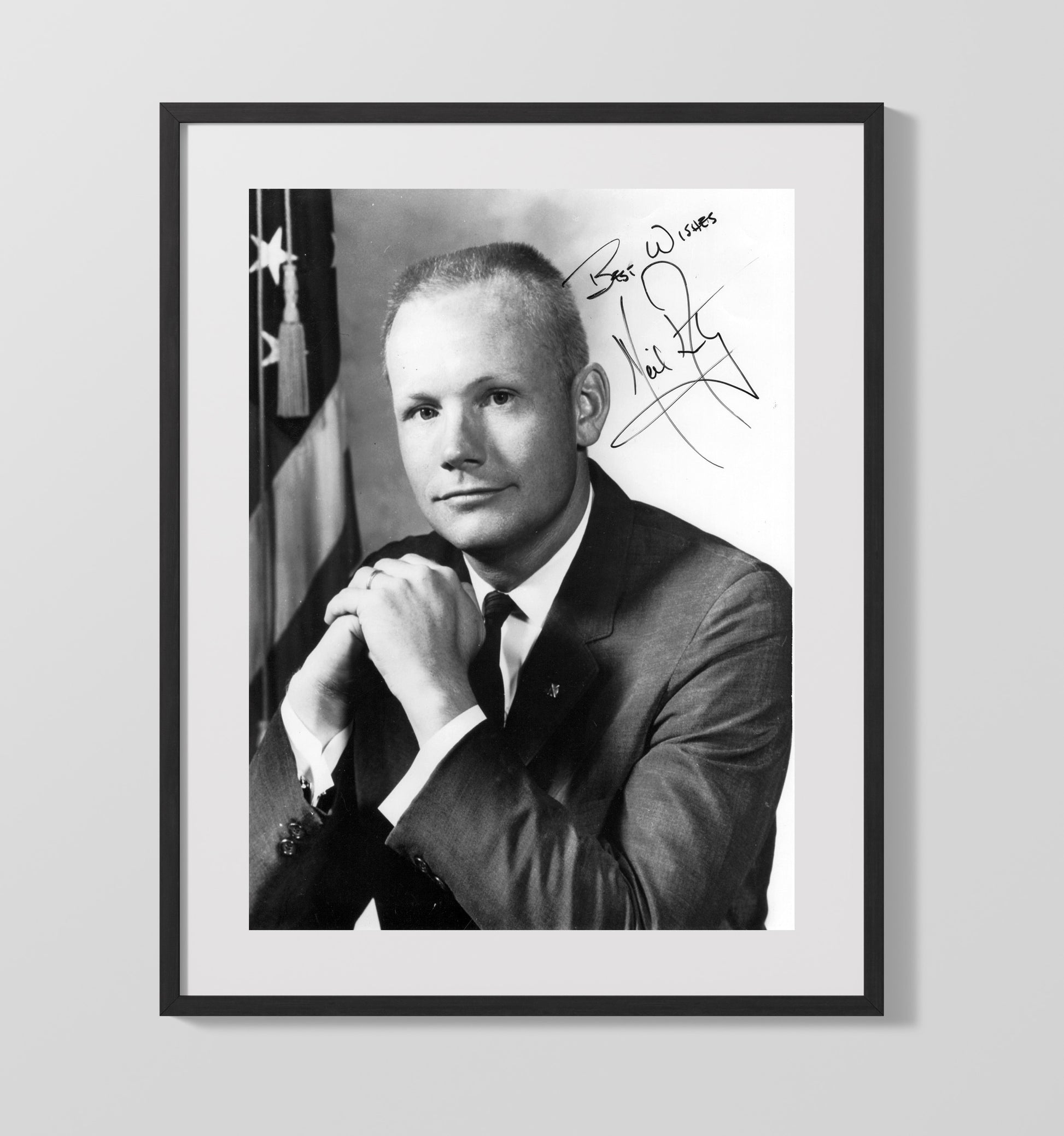 Historical - Neil Armstrong - Best Wishes Inscribed Portrait With Flag History Wall Art