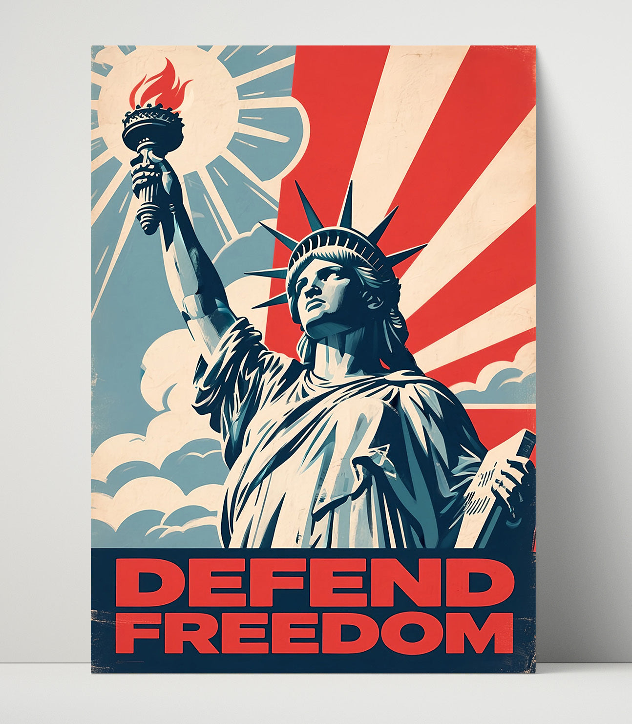 Historical - Patriotic Poster - Defend Freedom Statue Of Liberty Rays Design History Wall Art