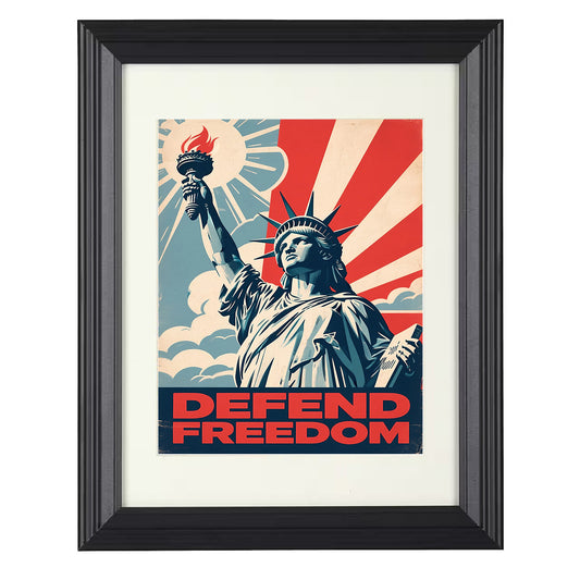 Patriotic Poster - Defend Freedom Statue of Liberty Rays Design 8x10 Beveled Frame history wall art