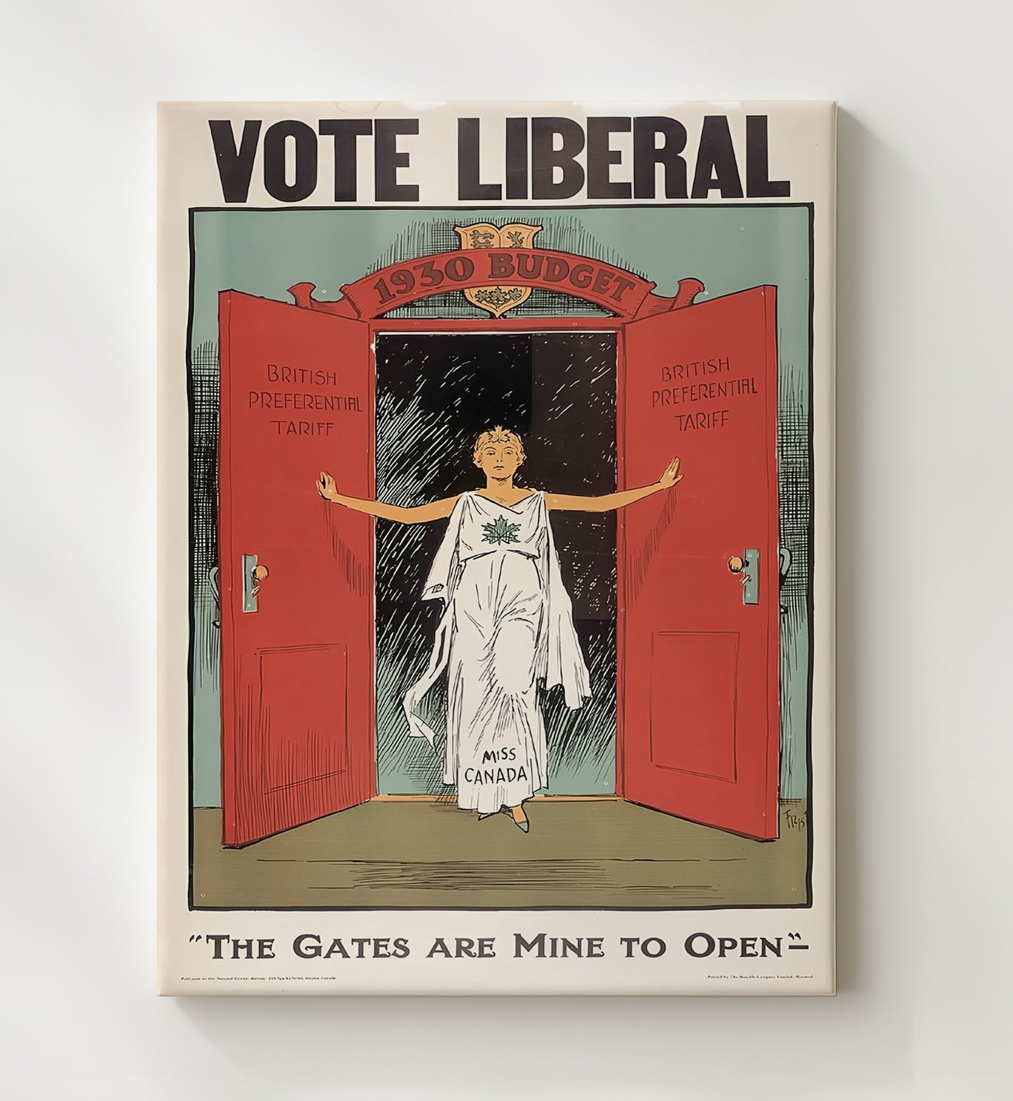 Historical - Political Campaign Poster - Vote Liberal 1930 Budget Miss Canada Illustration History Wall Art