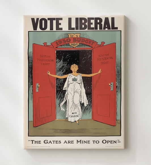 Political Campaign Poster - Vote Liberal 1930 Budget Miss Canada Illustration 8x10 Canvas history wall art