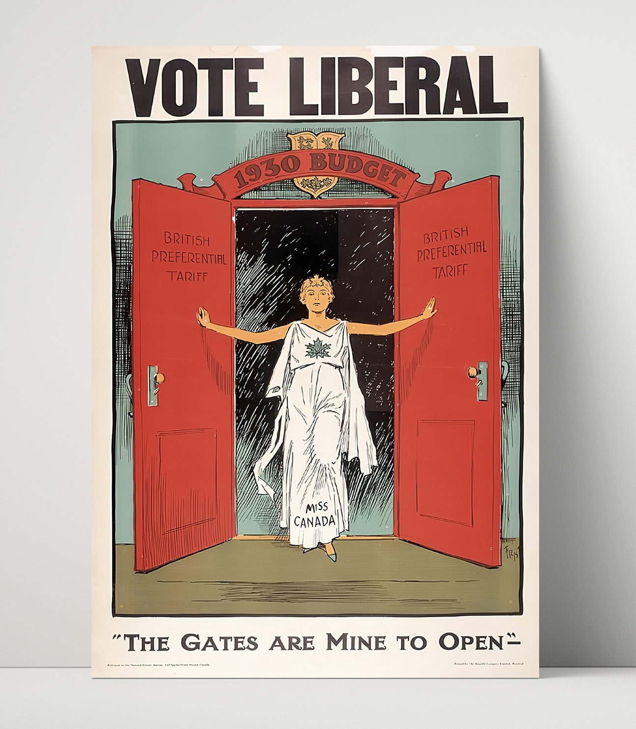 Historical - Political Campaign Poster - Vote Liberal 1930 Budget Miss Canada Illustration History Wall Art