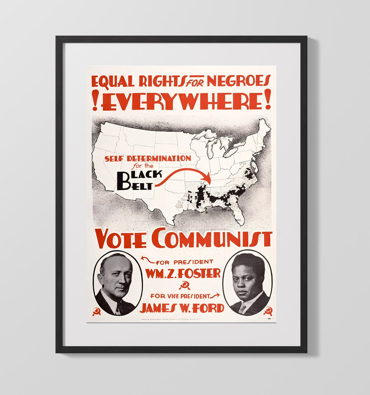 Political Poster - Equal Rights Everywhere Black Belt Map Vote Communist 16x20 Gallery Frame history wall art