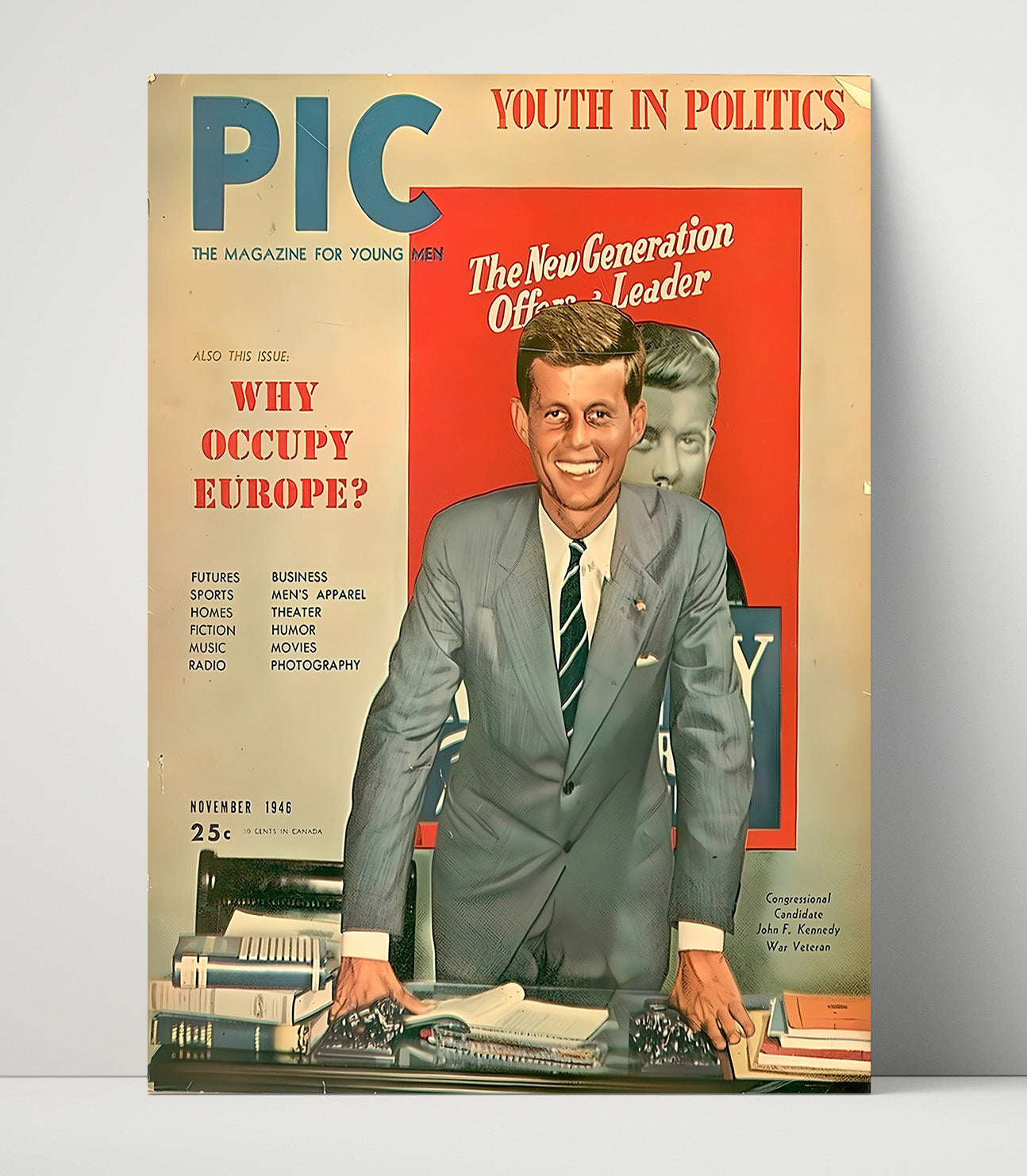 Historical - Postwar Politics Magazine - John F. Kennedy Youth Leadership Cover 1946 History Wall Art