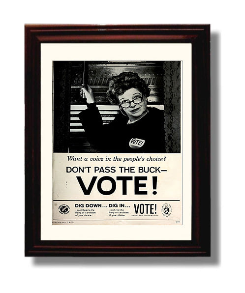 Historical - Public Service Announcement Poster - Dont Pass The Buck Vote 1960 Civic Campaign History Wall Art