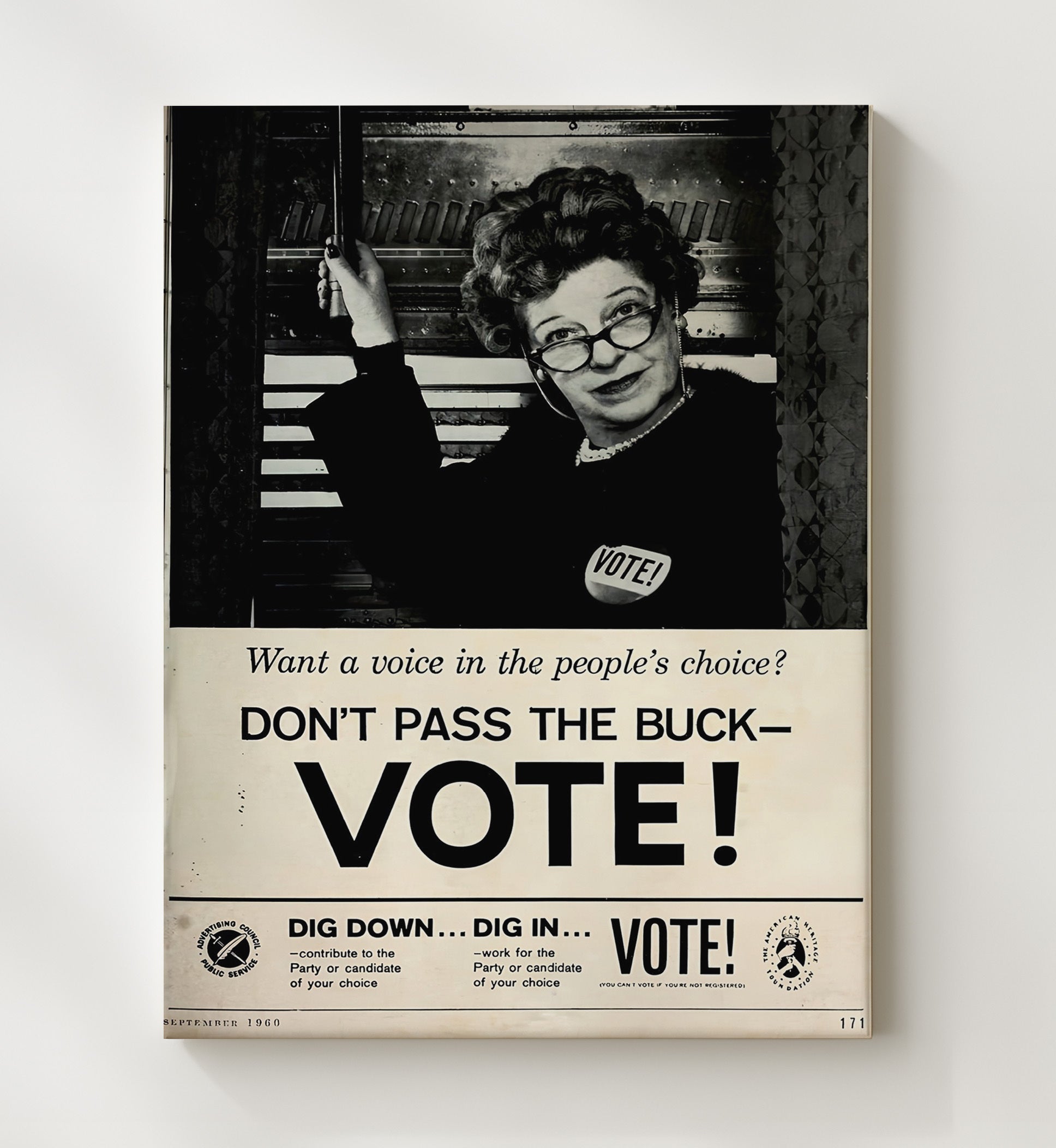 Historical - Public Service Announcement Poster - Dont Pass The Buck Vote 1960 Civic Campaign History Wall Art